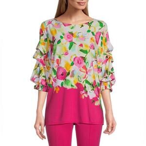 Slim Factor by Investments Cascading Stencil Print Tiered Sleeve Pink Top 1X